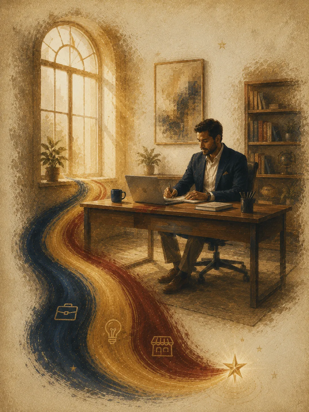 Painted artwork of an entrepreneur working at a sunlit desk as ribbon light pools along the floor toward a small radiant star.