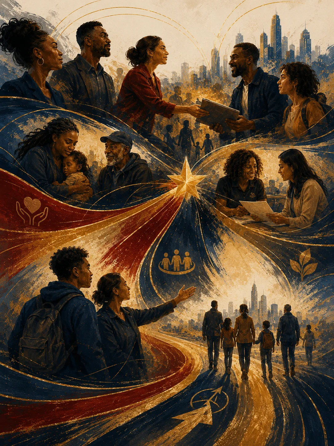 Painted collage of neighbors helping neighbors -- families, mentors, and friends -- connected by ribbon currents meeting at a central star.