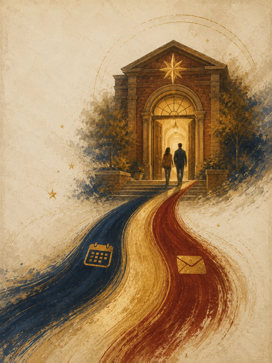 Painted artwork of two people walking up the steps of a landmark building whose open doors glow with warm light beneath a gold star.