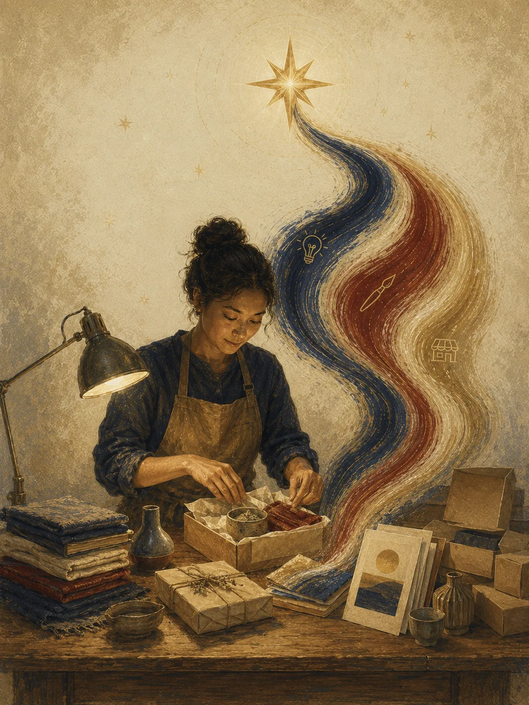 Painted artwork of a maker packing handmade goods at a lamplit table as a ribbon current rises from the tabletop toward a star.