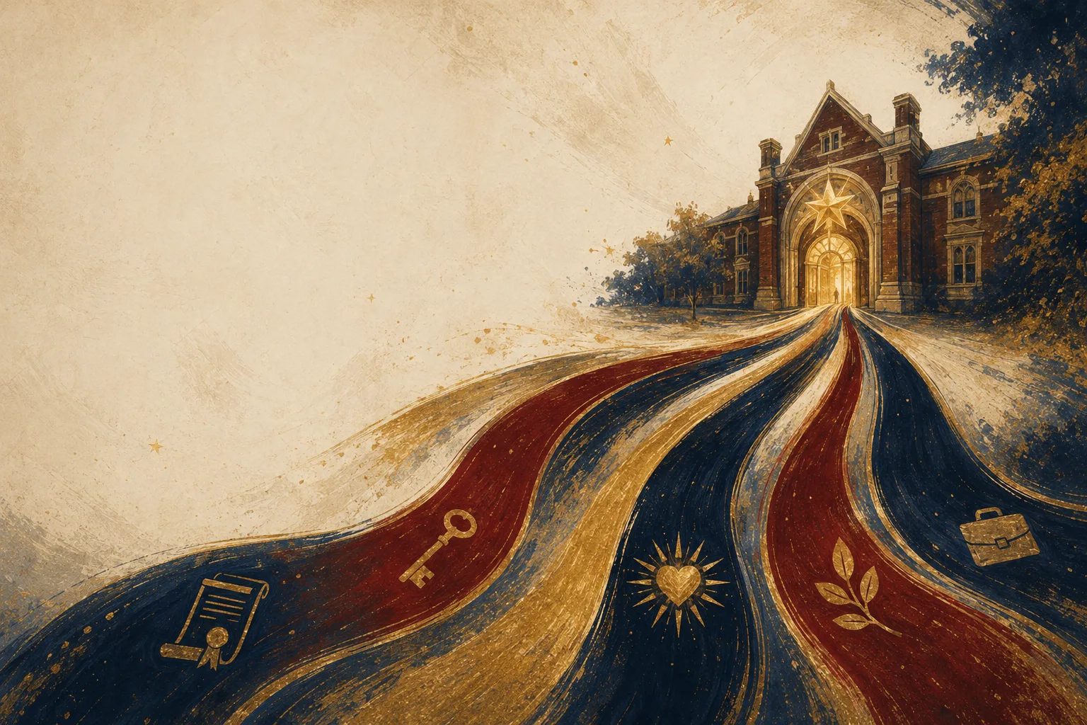 Painted artwork of five ribbon paths flowing toward the glowing arched doorway of a brick landmark building crowned by a gold star.