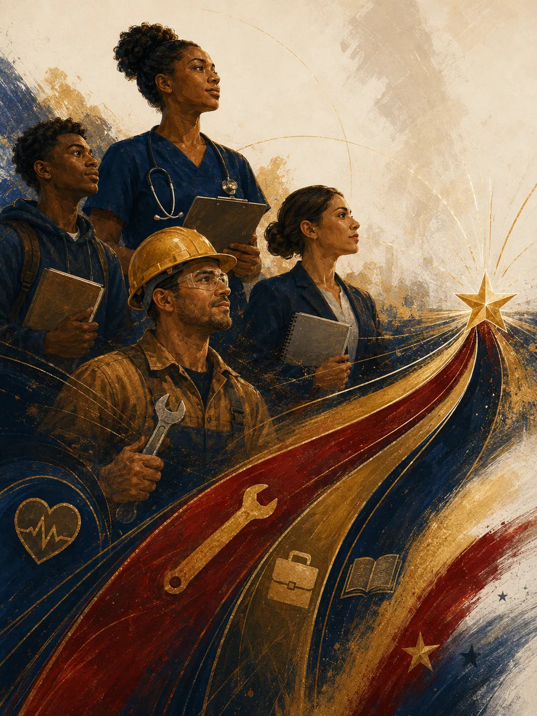 Painted artwork of a nurse, a tradesman, a student, and a business professional standing together as a ribbon of navy, crimson, and gold flows toward a radiant star.