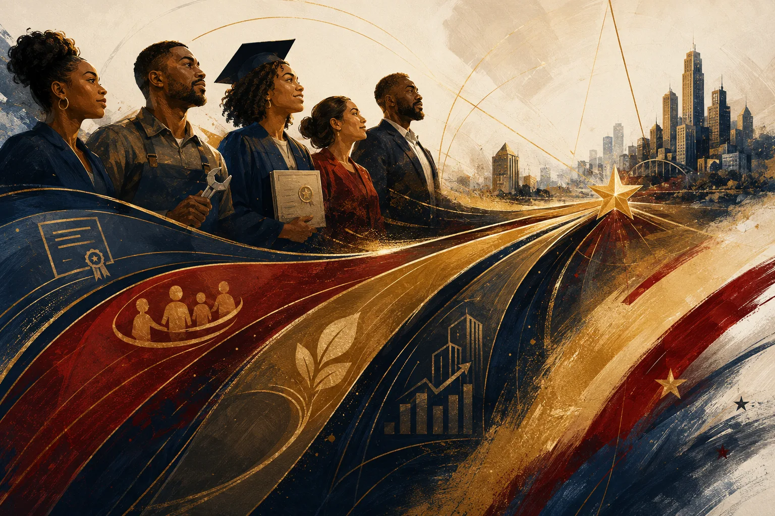 Wide painted mural of five Milwaukee neighbors standing above a flowing ribbon road that leads to a radiant gold star over the city skyline.