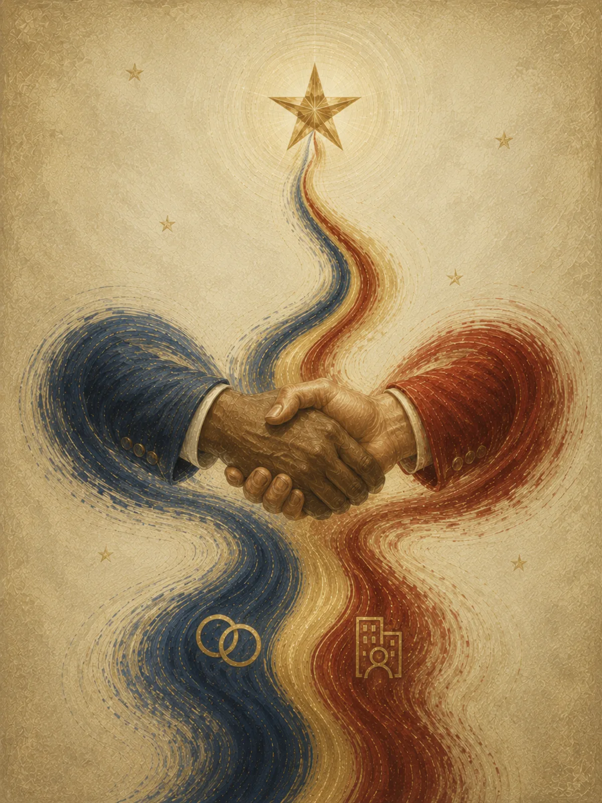 Painted artwork of two hands in a firm handshake, one navy sleeve and one crimson, their ribbon currents braiding upward into a single stream that rises to a gold five-pointed star.