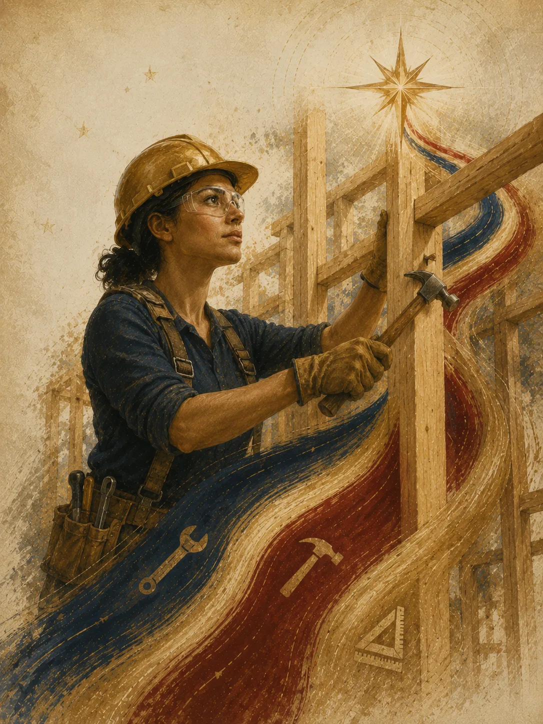 Painted artwork of a tradeswoman in a gold hard hat driving a nail into wood framing as the brand's ribbon current flows through the lumber.