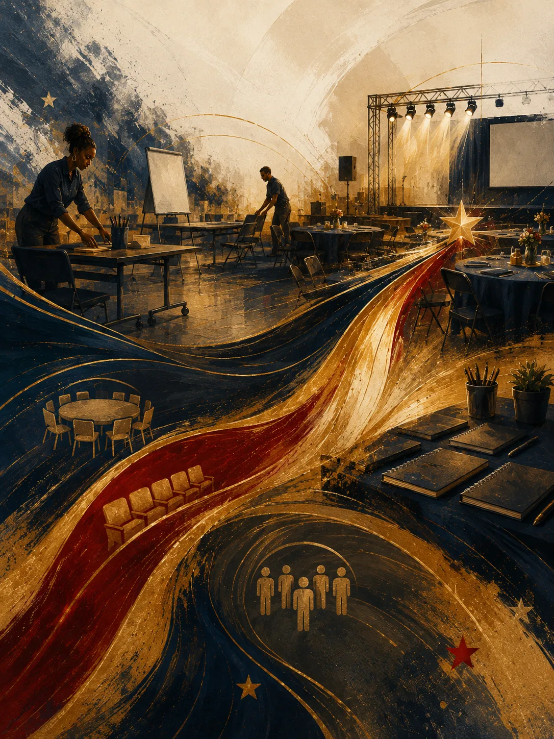Painted artwork of an event hall being prepared, with stage lights, round tables, and the brand's ribbon current flowing across the floor.