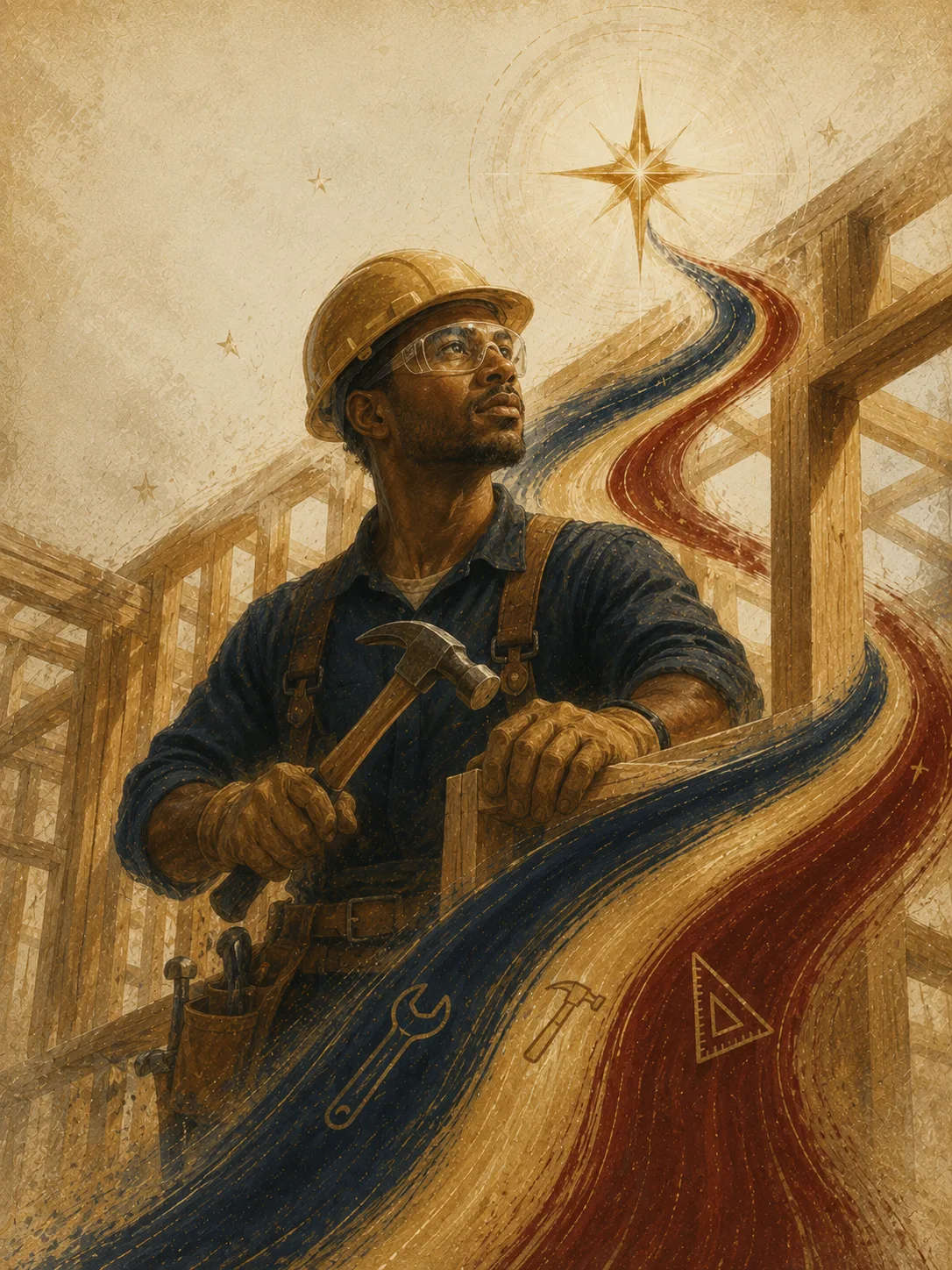 Painted artwork of a builder in a gold hard hat pausing at wood framing to look up at a radiant star.