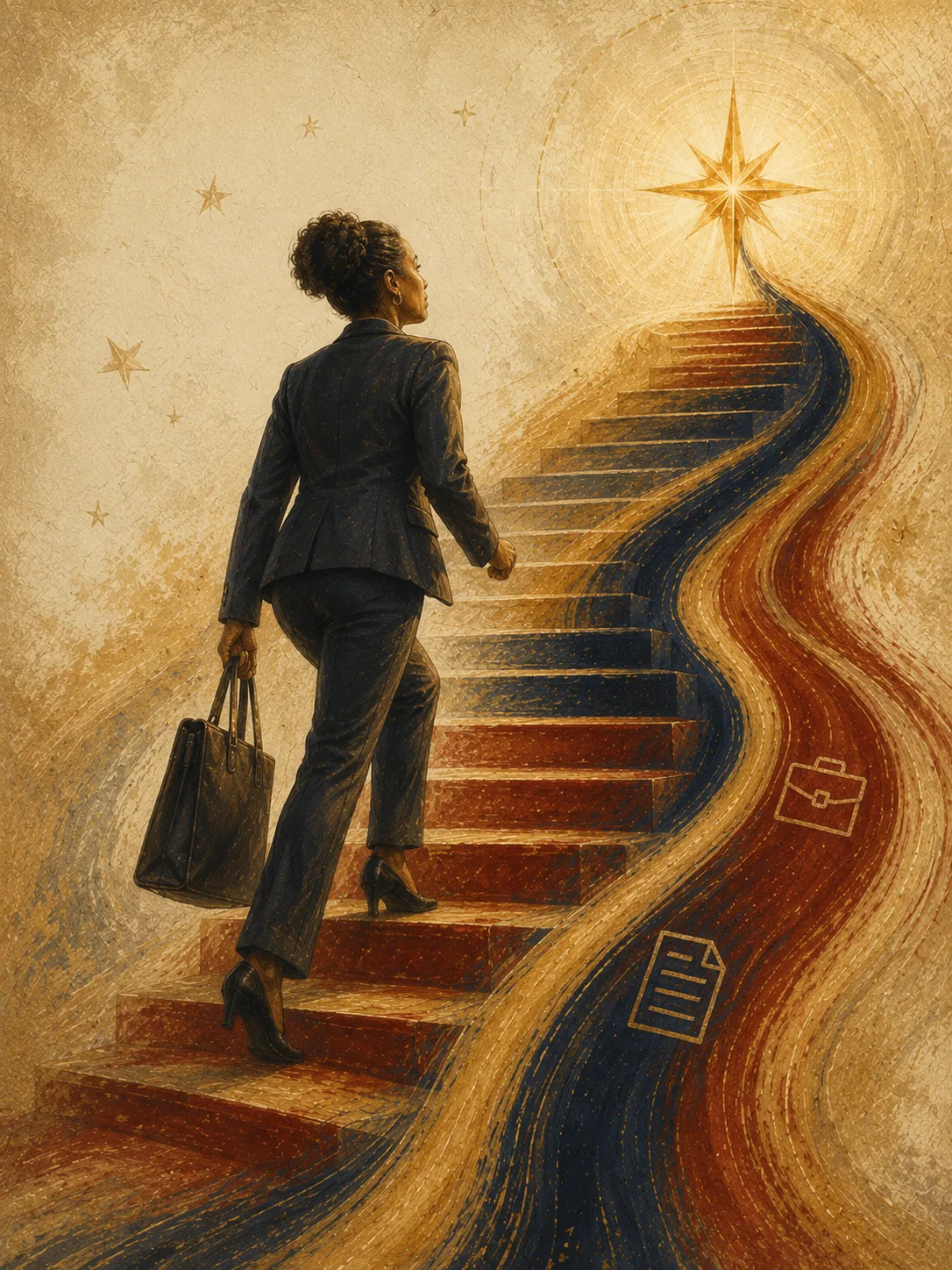 Painted artwork of a woman in professional dress climbing a staircase whose steps are ribbons of navy, crimson, and gold, toward a radiant star.